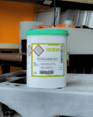 Fotec 2023 emulsion container displayed in a Melbourne screenprinting workspace, used for creating durable, high-quality stencils in Australia’s screenprinting industry.