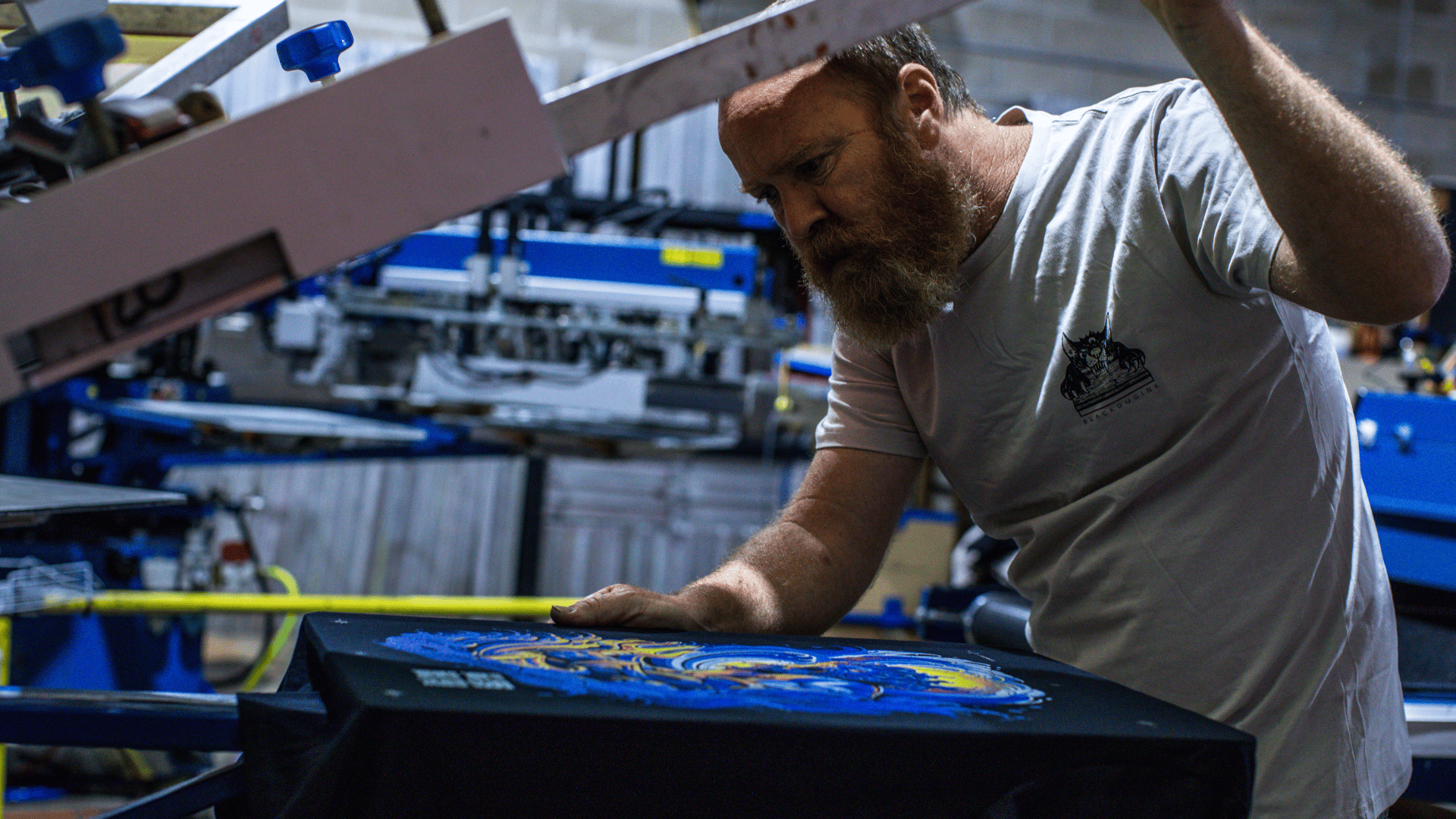 Screenprinting cleanup in the BlackDog Ink studio showing clean-clearing behaviour.