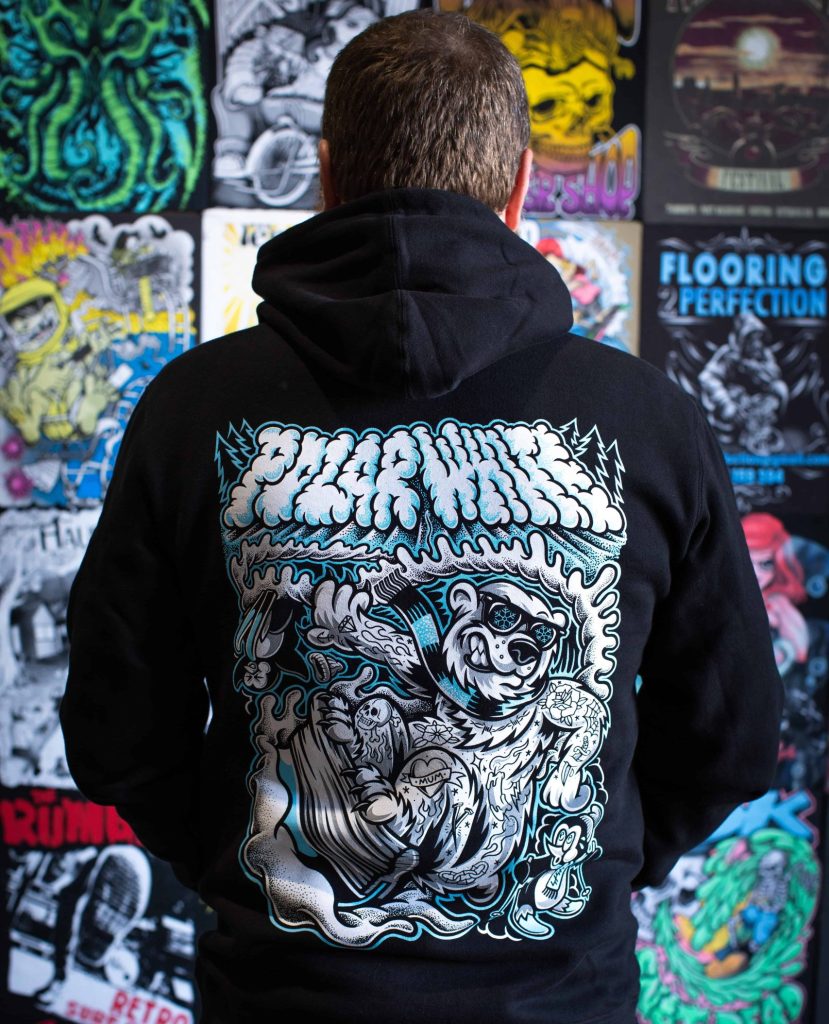 blackdog ink wearing polar white hoodie that was hand screen printed with polar white exclusively stocked at Jones Brothers Printechnology in Melbourne, Australia.